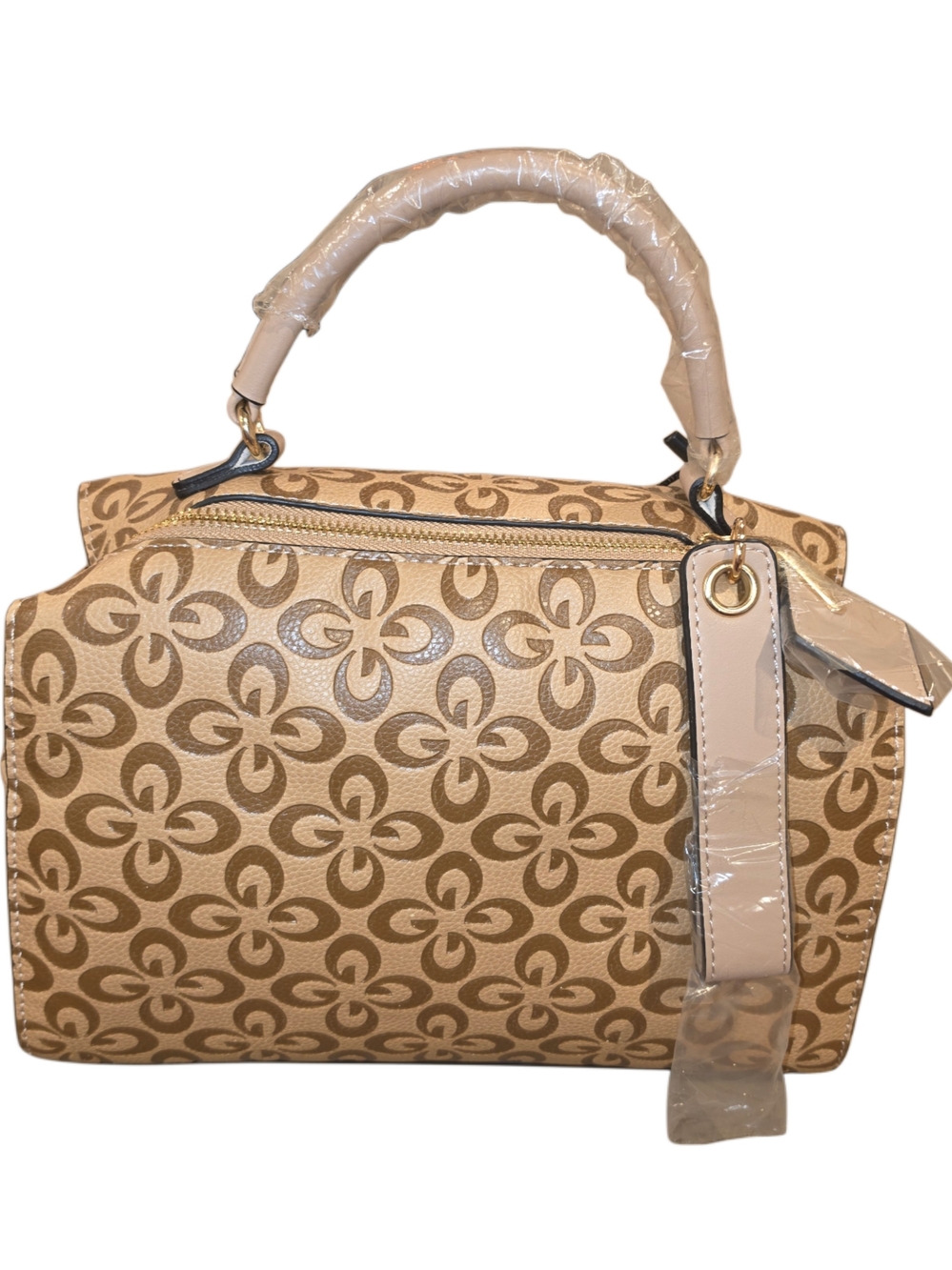 Brand New - Tan Patterned Top-Handle Satchel with Matching Wallet & Strap